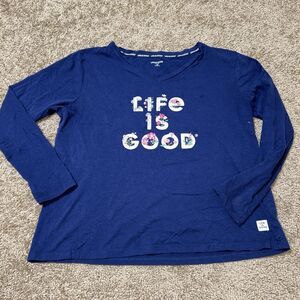 Life Is Good Shirt Womens Size XL Long Sleeve Sleep Shirt blue dark wash